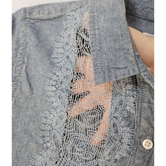 GUESS Chambray Denim Long Sleeve Buttom Down Sz M Shirt Women Sheer Panel - Picture 5 of 6